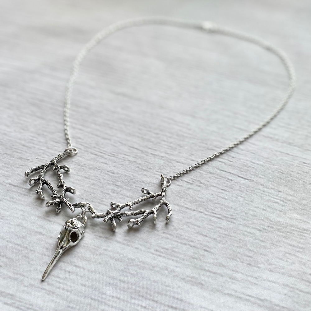 Silver Raven Skull & Tree Branches Necklace